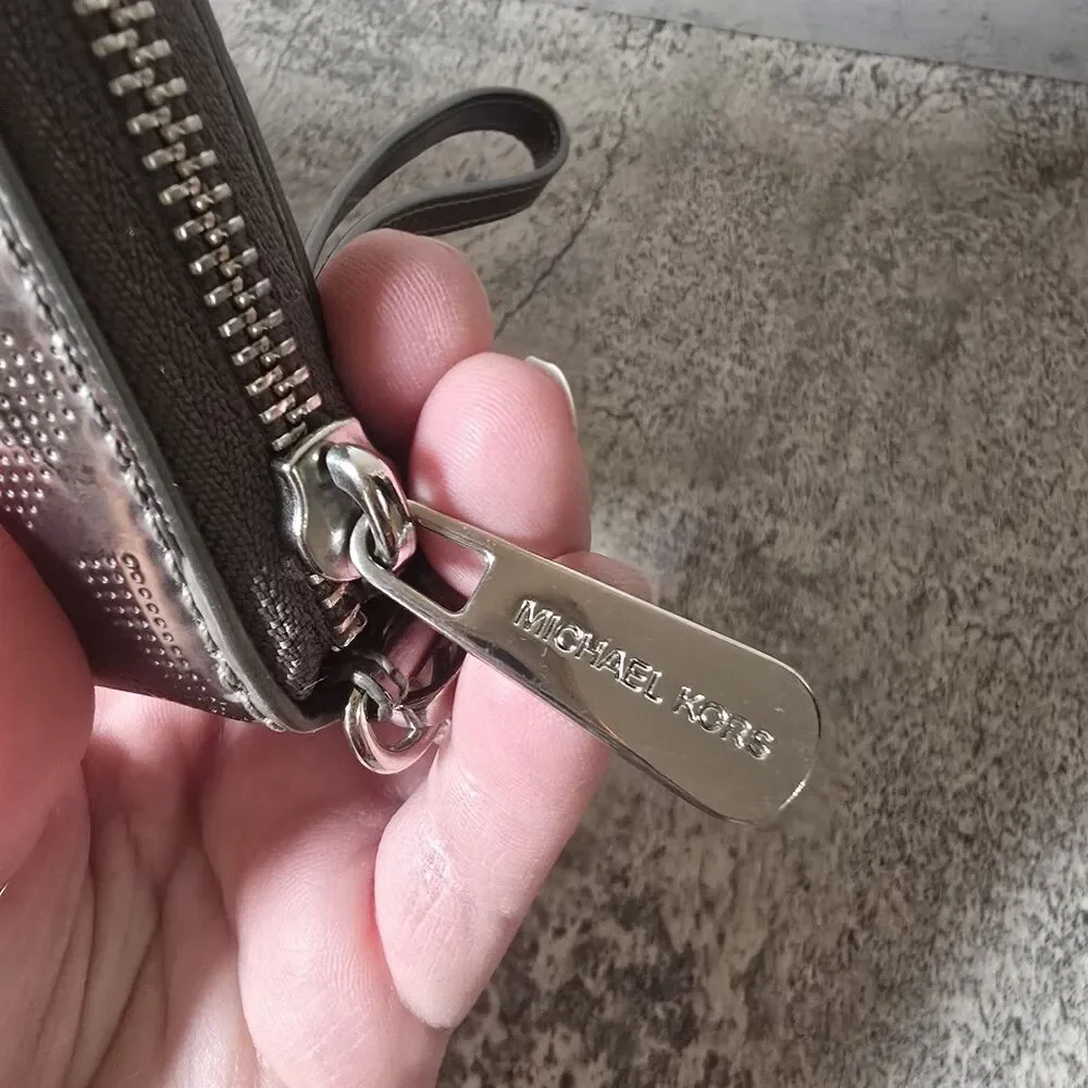 Michael Kors Metallic Zip Around Wallet Silver Mirror Metallic Good Condition
